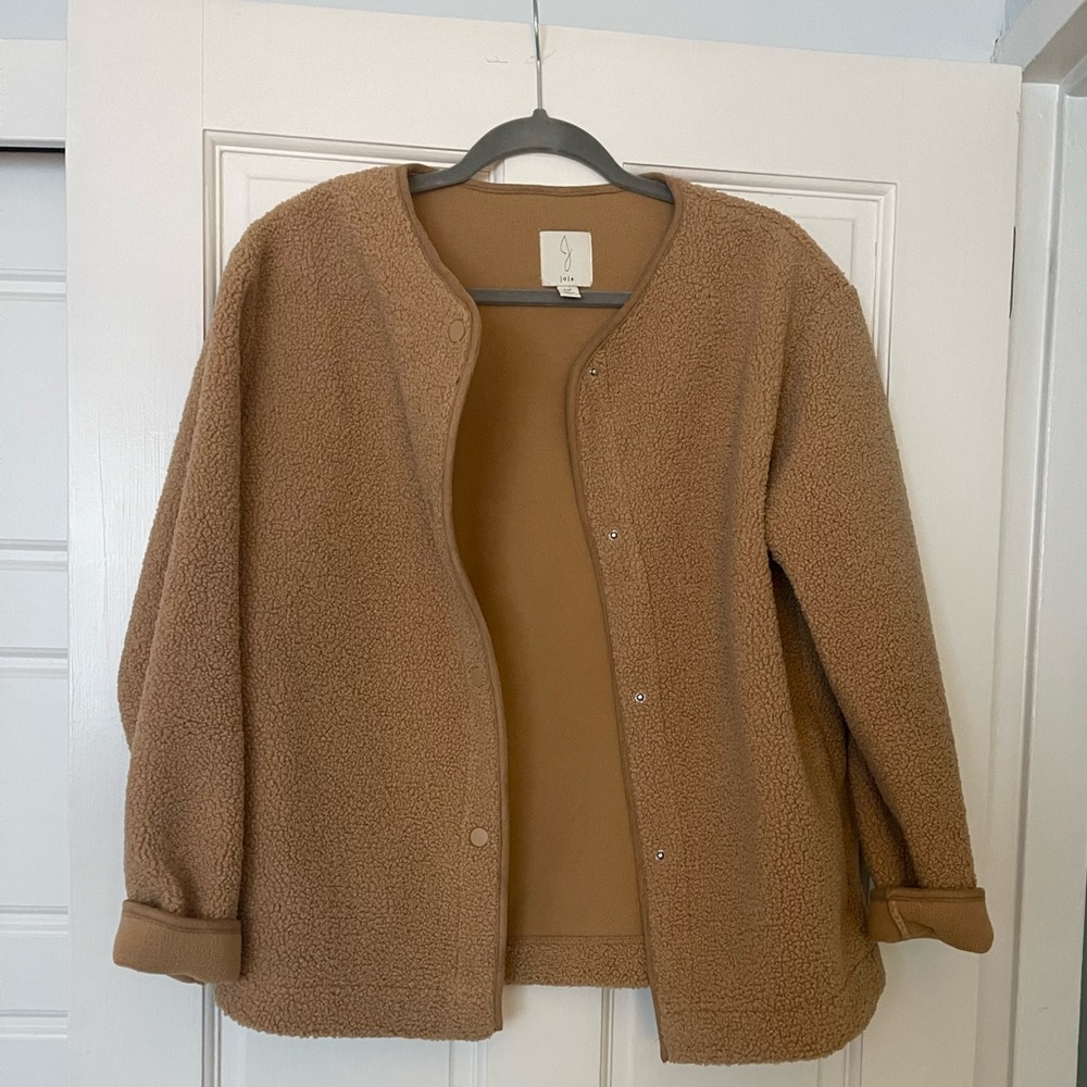 New Joie Sherpa Teddy Shacket Snap Closure Side Pockets Fleece Lining Camel Sz S